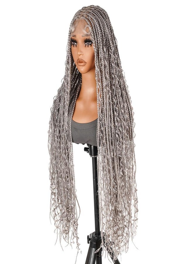 SUPERNOVA #Grey Full Lace Bohemian Box Braided Wigs with Curly Ends 36inch Long Wavy Colored Square Knotless 360 Full Lace Synthetic Hair Boho Braided Wig For Black Women Knotless Box Braids Wig - Image 5
