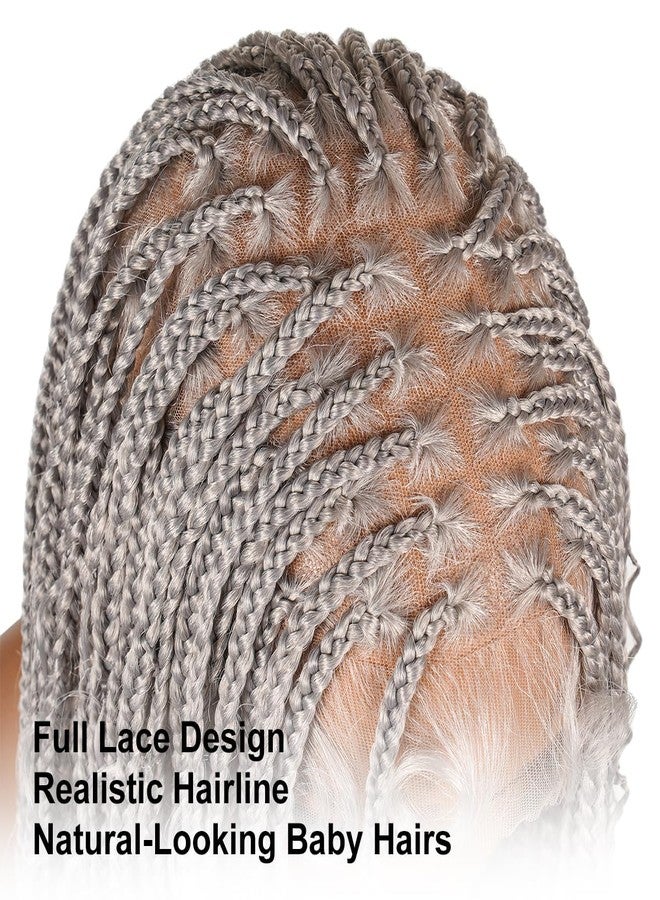 SUPERNOVA #Grey Full Lace Bohemian Box Braided Wigs with Curly Ends 36inch Long Wavy Colored Square Knotless 360 Full Lace Synthetic Hair Boho Braided Wig For Black Women Knotless Box Braids Wig - Image 2