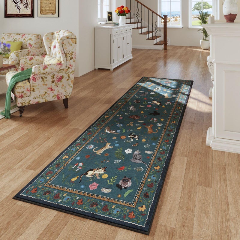 Rugcomf Runner Rug for Kitchen Non Slip 2'6''x8' Washable Rugs with Rubber Backing Soft Floral Animal Cat Carpet Runner for Kitchen Laundry Bedroom Bathroom, Pearl Gentian Blue - Image 2