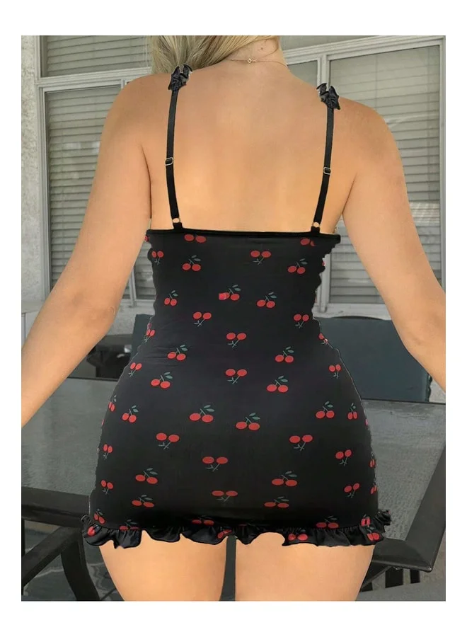 فييل فستان ليلي صغير لامع من الساتان بنقشة الكرز، فستان ليلي للنساء، فستان خيالي، زي أسود للنساء.