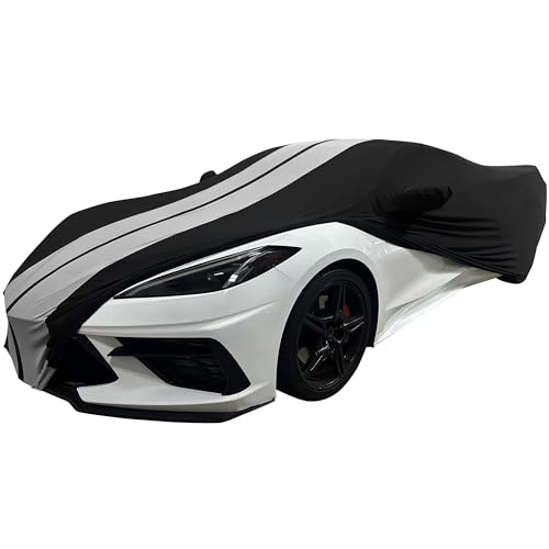 SR1 Performance C8 Corvette Indoor Car Cover - Ultraguard Stretch Satin High End Custom Fit Dust Proof for 2020-2025 Stingray, Z06, Z51, E-Ray (Black with Gray Stripes) - Image 1
