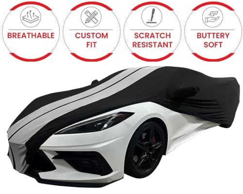 SR1 Performance C8 Corvette Indoor Car Cover - Ultraguard Stretch Satin High End Custom Fit Dust Proof for 2020-2025 Stingray, Z06, Z51, E-Ray (Black with Gray Stripes) - Image 3