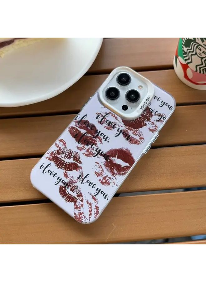حافظة هاتف بيضاء من TPU متوافقة مع iPhone 15 Pro، متينة وعالية الجودة، بتصميم طبعة شفاه حمراء - Image 3