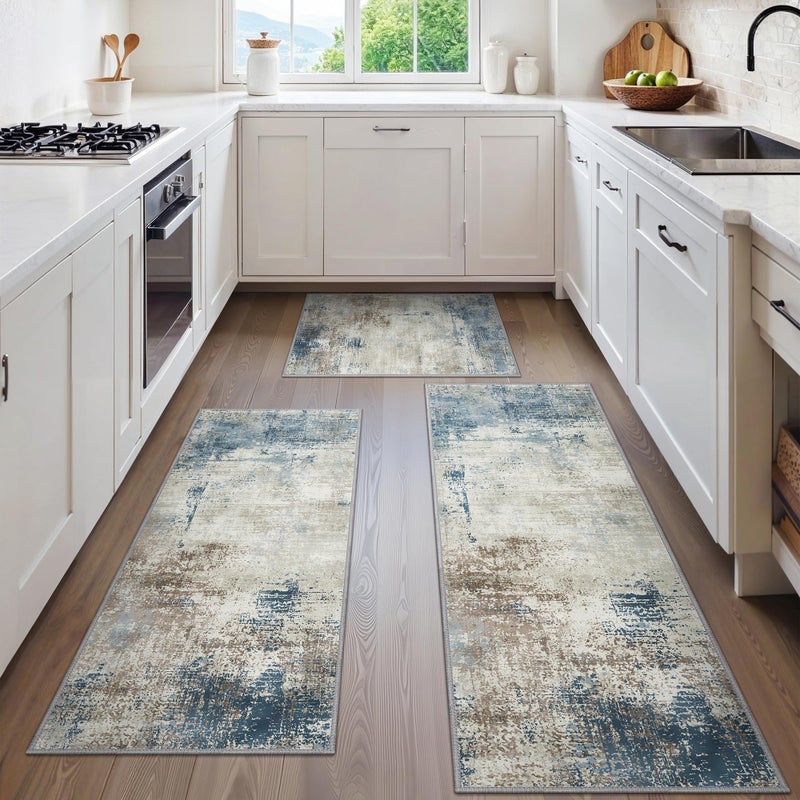 GENIMO Kitchen Rugs Sets of 3 Non Slip Washable Kitchen Mats for Floor, Waterproof Abstract Kitchen Runner Rug, Floor Mat Carpet for Hallway, Laundry, Sink, Entryway, Bathroom, Blue&Gray - Image 1