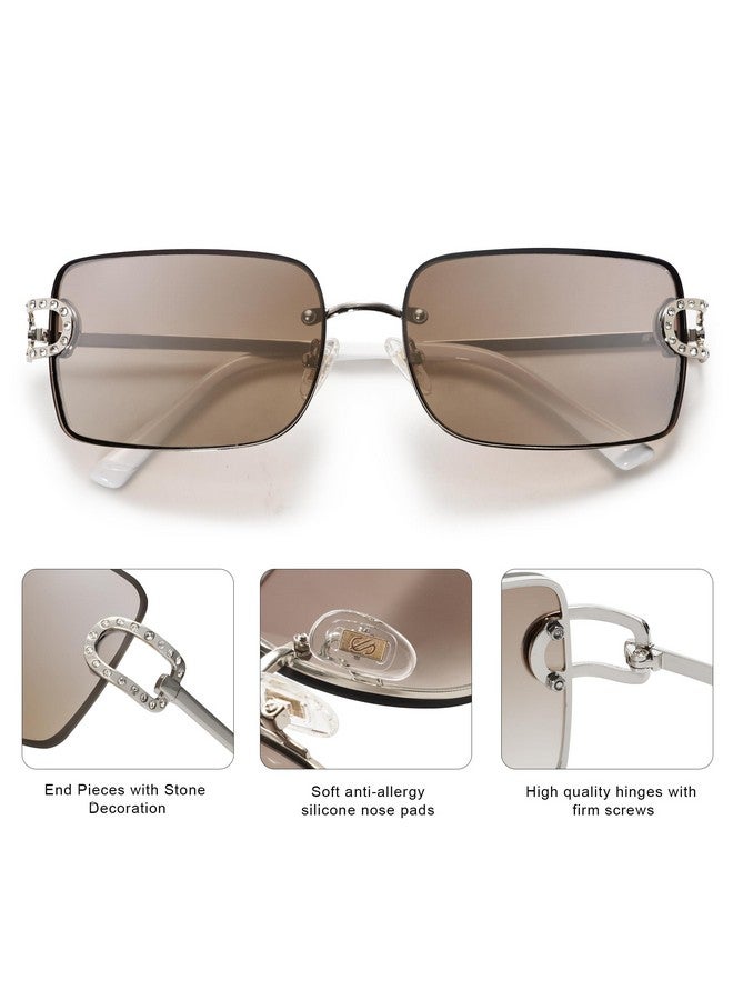 Sojos Vintage Rectangle Sunglasses For Womentrendy Rimless 90S Uv400 Womens Y2K Shades Sj1178 Silver Frame Brown Grading Light Silver Mirror - Image 4