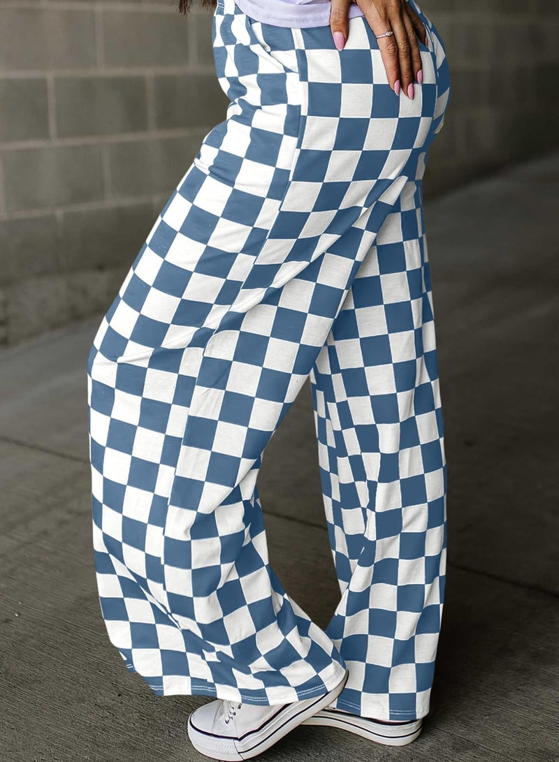 Acelitt Women's Casual Checkered Pants 2026 Spring Summer Lightweight Elastic Waist Comfy Loose Wide Leg Plaid Beach Pants Trousers Vacation Outfits Blue Medium - Image 3