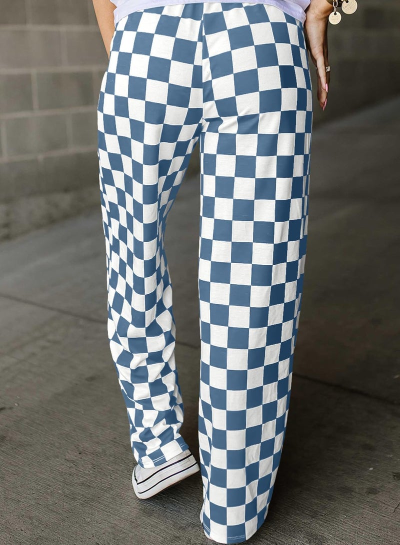 Acelitt Women's Casual Checkered Pants 2026 Spring Summer Lightweight Elastic Waist Comfy Loose Wide Leg Plaid Beach Pants Trousers Vacation Outfits Blue Medium - Image 2