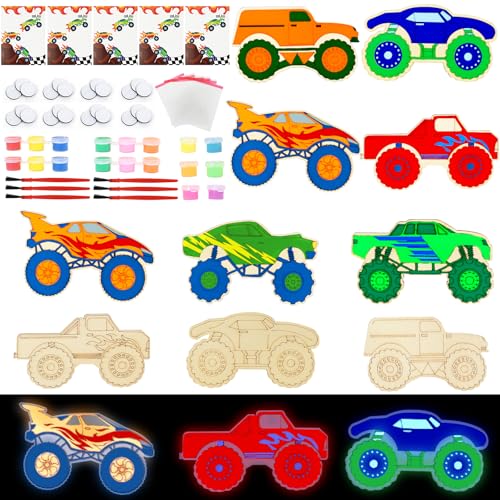 LARDUX Monster Truck Party Favors 24PCS DIY Wooden Arts Crafts Painting Kit for Kids Glow in The Dark Party Favors Family Crafts Birthday Party Christmas Gifts Toys for Boys Girls - Image 5