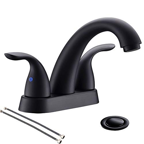 Phiestina 4 Inch 2 or 3 Holes 2 Handles Centerset Matte Black Lead-Free Bathroom Sink Faucet, Bathroom Faucet with Copper Pop Up Drain and Water Supply Lines, BF008-5-MB - Image 1