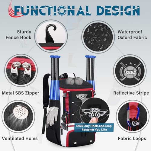SDYSM Baseball Bag Lightweight Softball Bags for Adults Youth 40L Large Baseball Backpack with Shoe Compartment, Helmet Holder, Fence Hook Waterproof Softball Bats Bag for T-Ball & Softball Equipment - Image 4