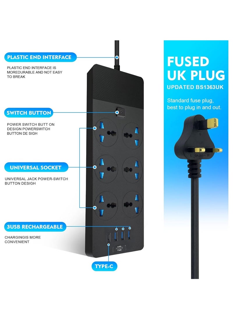 AROAQ Power Strips Extension Cord 6 Outlets UK Plug Universal Plug Adapter with 3 USB And 1 Type C Ports Surge Protector Charging Socket with 2M Bold Extension Cord (Black)  - Image 3