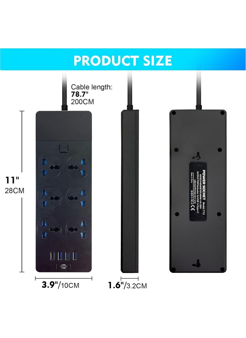 AROAQ Power Strips Extension Cord 6 Outlets UK Plug Universal Plug Adapter with 3 USB And 1 Type C Ports Surge Protector Charging Socket with 2M Bold Extension Cord (Black)  - Image 4