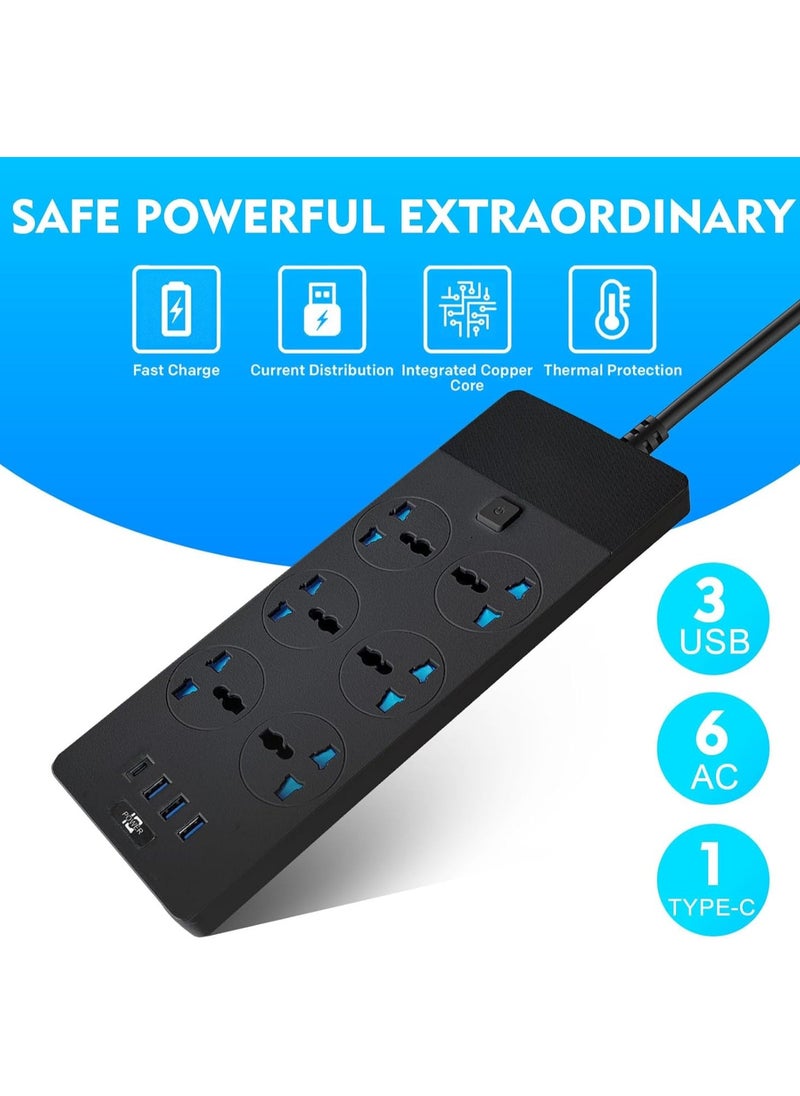 AROAQ Power Strips Extension Cord 6 Outlets UK Plug Universal Plug Adapter with 3 USB And 1 Type C Ports Surge Protector Charging Socket with 2M Bold Extension Cord (Black)  - Image 1