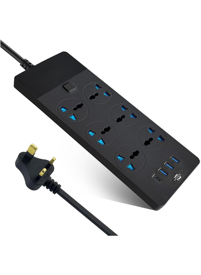 AROAQ Power Strips Extension Cord 6 Outlets UK Plug Universal Plug Adapter with 3 USB And 1 Type C Ports Surge Protector Charging Socket with 2M Bold Extension Cord (Black)  - Image 2