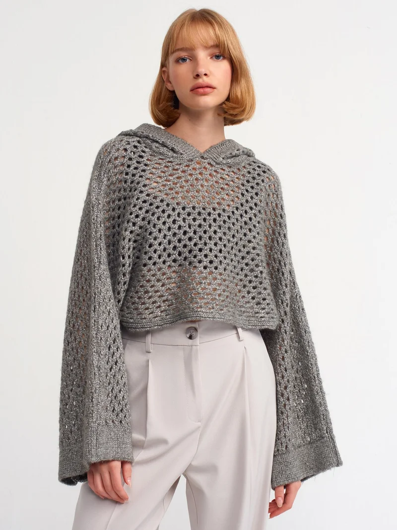 Dilvin 10454 Hooded Glitter Kimono Sweater-Grey-Silver