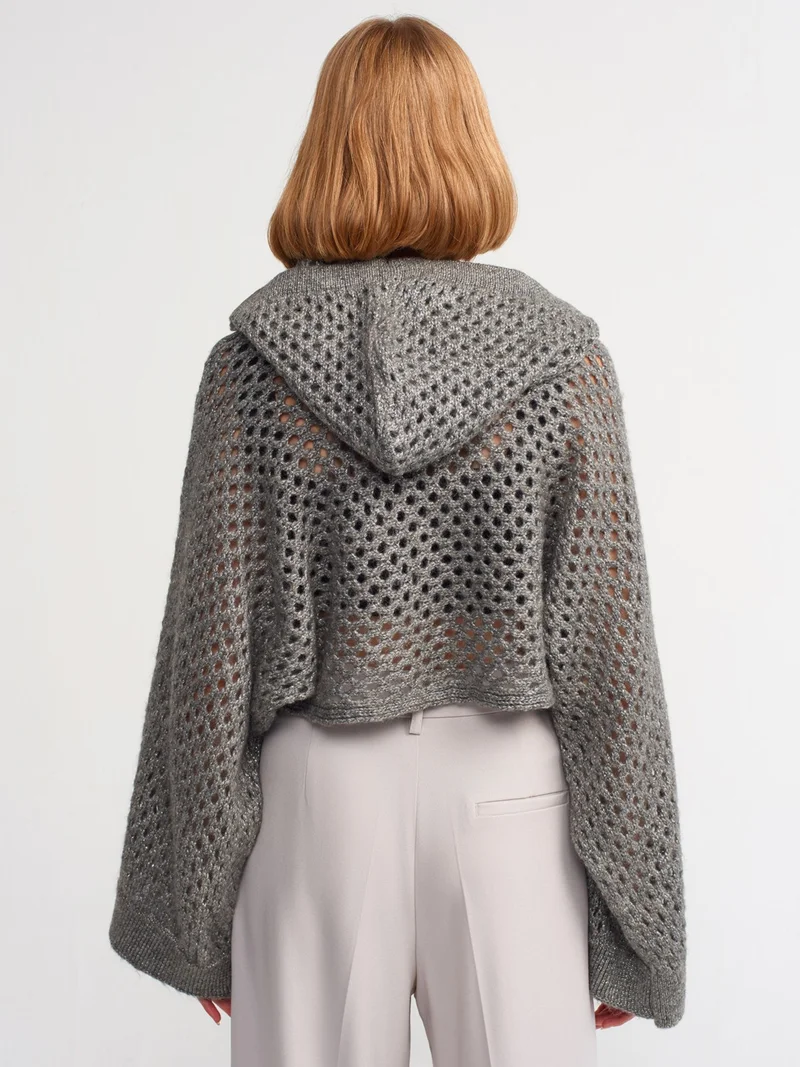 Dilvin 10454 Hooded Glitter Kimono Sweater-Grey-Silver