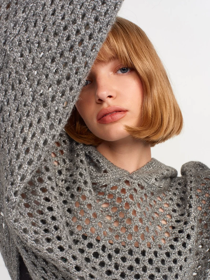 Dilvin 10454 Hooded Glitter Kimono Sweater-Grey-Silver