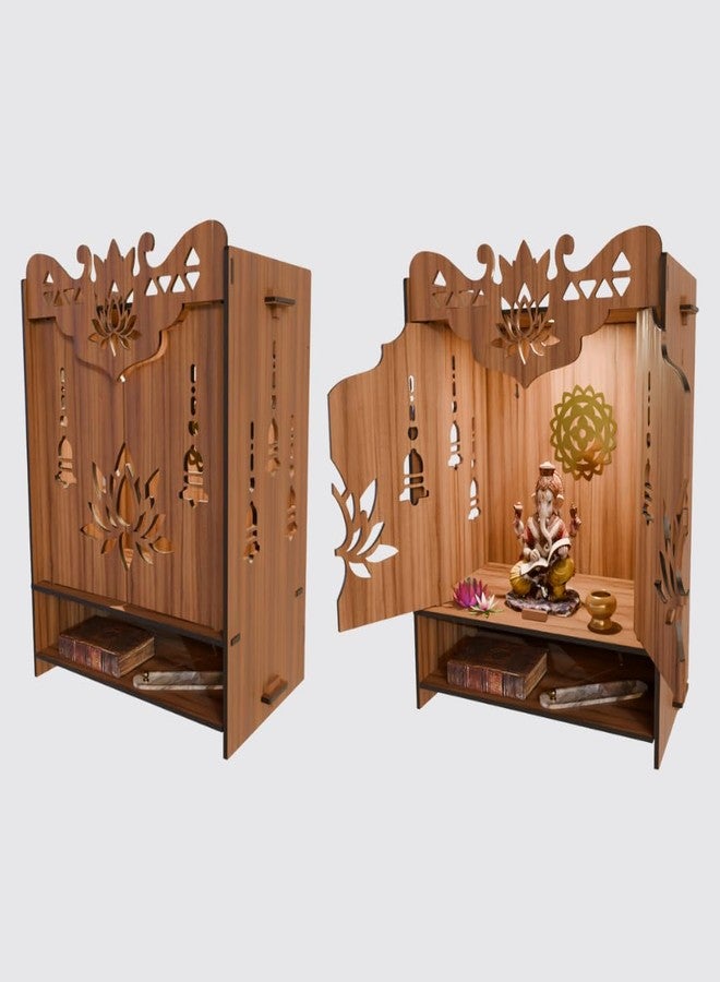 NIVED YAMUNA Engineered Wood Mandir with Door | Spotlight | Extra Storage | 21 x 16 x 10.5 inch | Wall Mountable | No Screw/Bolt Screw Assembly | Home Temple | Pooja Stand | Colour: Walnut - Image 1