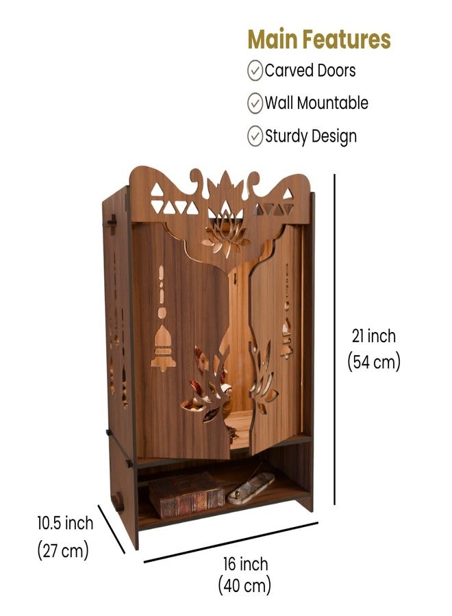 NIVED YAMUNA Engineered Wood Mandir with Door | Spotlight | Extra Storage | 21 x 16 x 10.5 inch | Wall Mountable | No Screw/Bolt Screw Assembly | Home Temple | Pooja Stand | Colour: Walnut - Image 2