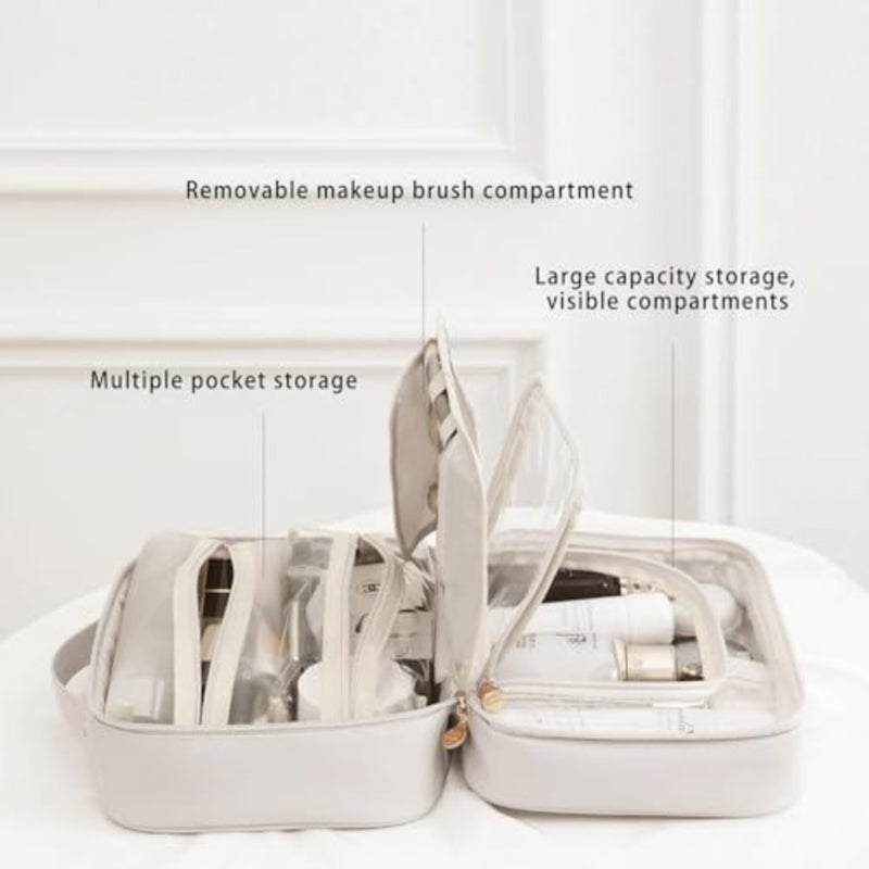 Multi-Compartment Toiletry Cosmetics Bag, Travel Makeup Bag, Toiletry Cosmetics Bag, PU Leather Portable Large Toiletry Bag with Compartments, Portable Cosmetic Travel Bag - Image 3
