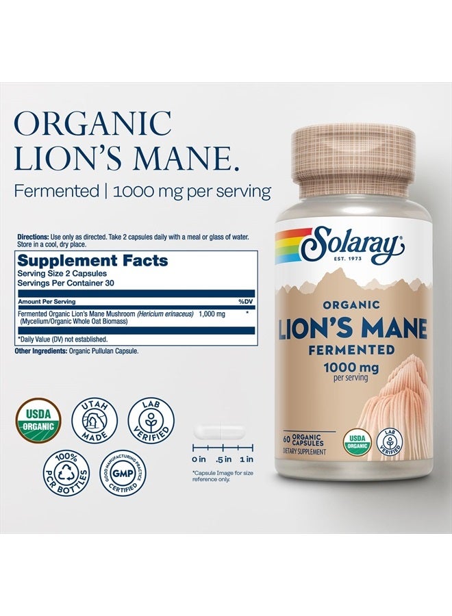 SOLARAY Organic Lions Mane Supplement Capsules - Providing 1000 mg of Lion's Mane Organic Mushrooms, Fermented for Enhanced Absorption - Vegan, 60-Day Guarantee, Lab Verified, 30 Servings, 60 VegCaps - Image 2