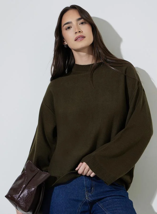 Styli Olive Green Oversized Knit Sweater