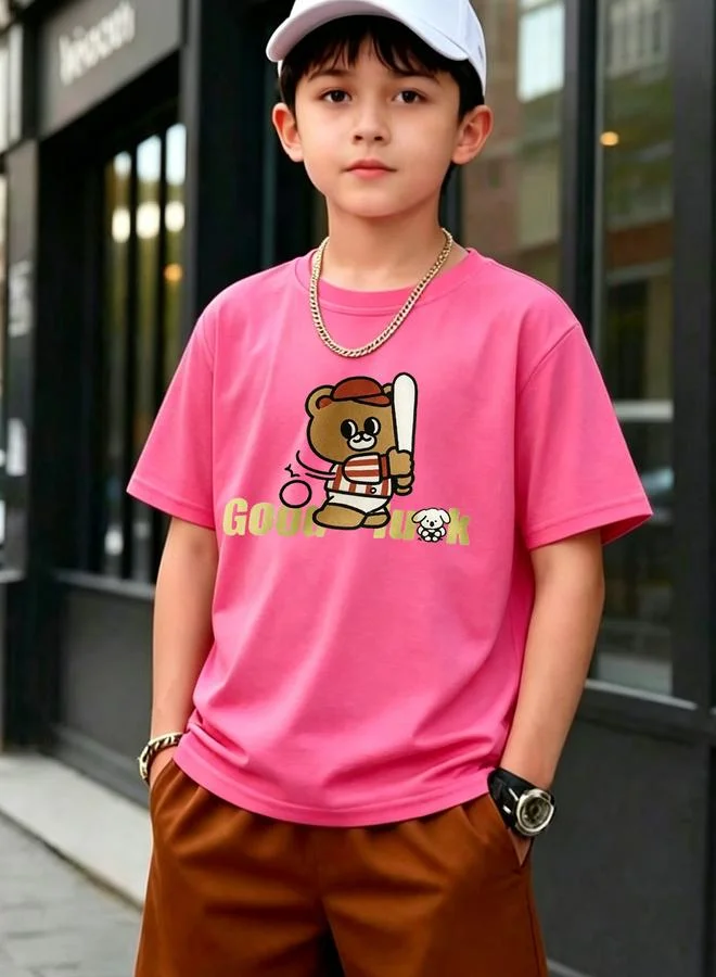 Take Two Boys Pink Cotton Short Sleeve T-Shirt with Baseball Bear Print