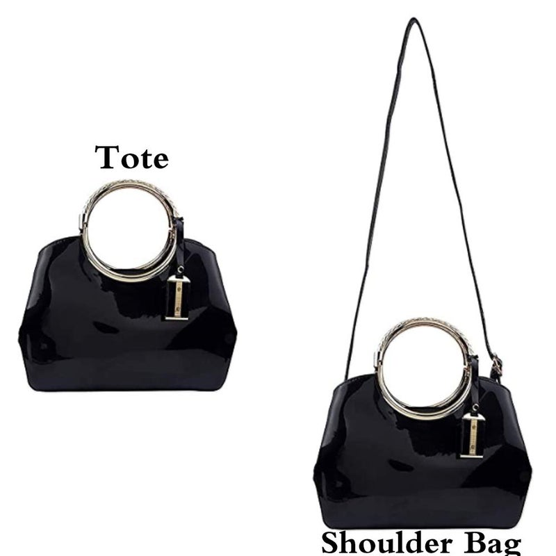 Rullar Women Elegant Handbag and Purse Top Handle Bag Patent Leather Tote Satchel Shoulder Clutch Crossbody Bag with Pendant Black - Image 5