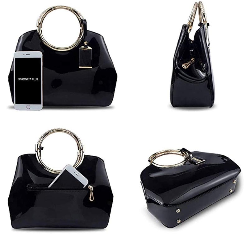 Rullar Women Elegant Handbag and Purse Top Handle Bag Patent Leather Tote Satchel Shoulder Clutch Crossbody Bag with Pendant Black - Image 4