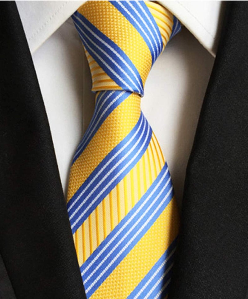 Elfeves Men's Modern Repp Striped Blue and Yellow Jacquard Woven Silk Tie Casual Necktie 36 - Image 2