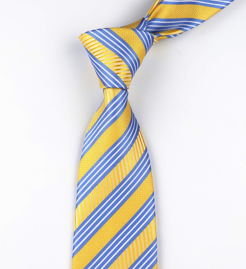 Elfeves Men's Modern Repp Striped Blue and Yellow Jacquard Woven Silk Tie Casual Necktie 36 - Image 3