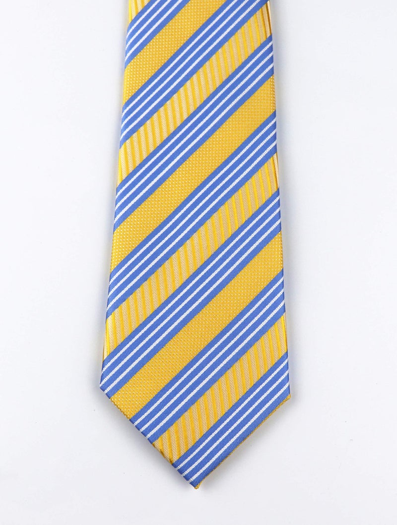 Elfeves Men's Modern Repp Striped Blue and Yellow Jacquard Woven Silk Tie Casual Necktie 36 - Image 4