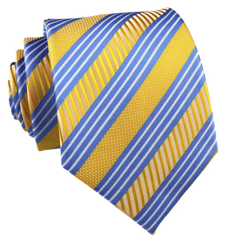 Elfeves Men's Modern Repp Striped Blue and Yellow Jacquard Woven Silk Tie Casual Necktie 36 - Image 1
