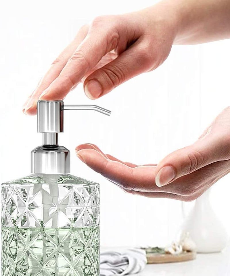 GLADPURE Soap Dispenser - 2 Pack, 12 Oz Clear Diamond Design Glass Refillable Hand Soap Dispensers; with 304 Rust Proof Stainless Steel Pump, Lotion Dispensers for Kitchen, Bathroom - Image 3