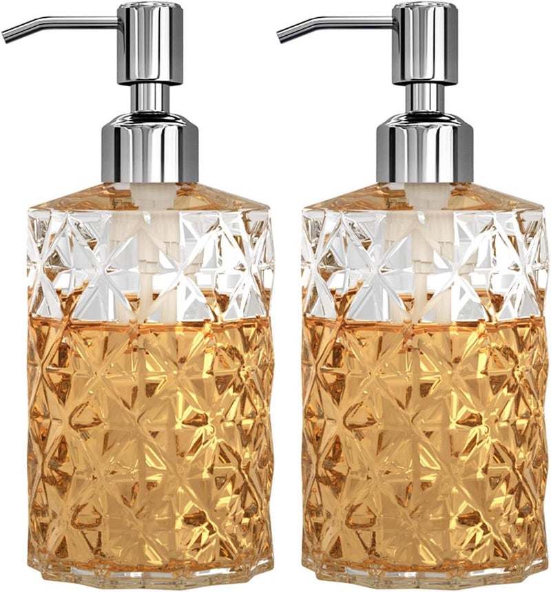 GLADPURE Soap Dispenser - 2 Pack, 12 Oz Clear Diamond Design Glass Refillable Hand Soap Dispensers; with 304 Rust Proof Stainless Steel Pump, Lotion Dispensers for Kitchen, Bathroom - Image 1