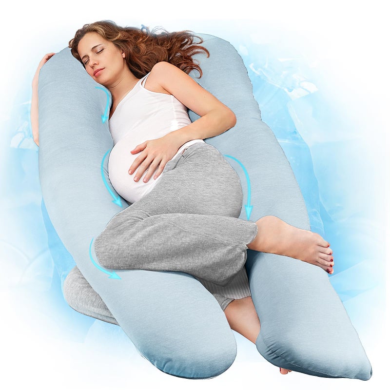 Nuliie Pregnancy Pillow for Sleeping U Shaped Full Body Pillow with Washable Cooling Fabric Cover Maternity Pillow Support for Back Hips Legs for Pregnant Women Cooling Light Blue