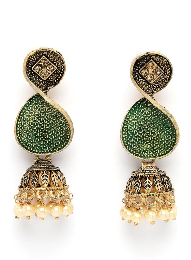 ADIVA Antique Gold-Plated Hand-Painted Pearl & Kundan Stone Studded Peacock Shaped Drop Earrings Set for women, Traditional Stylish Jhumka for Girls Party, Wedding, Festive - Image 1