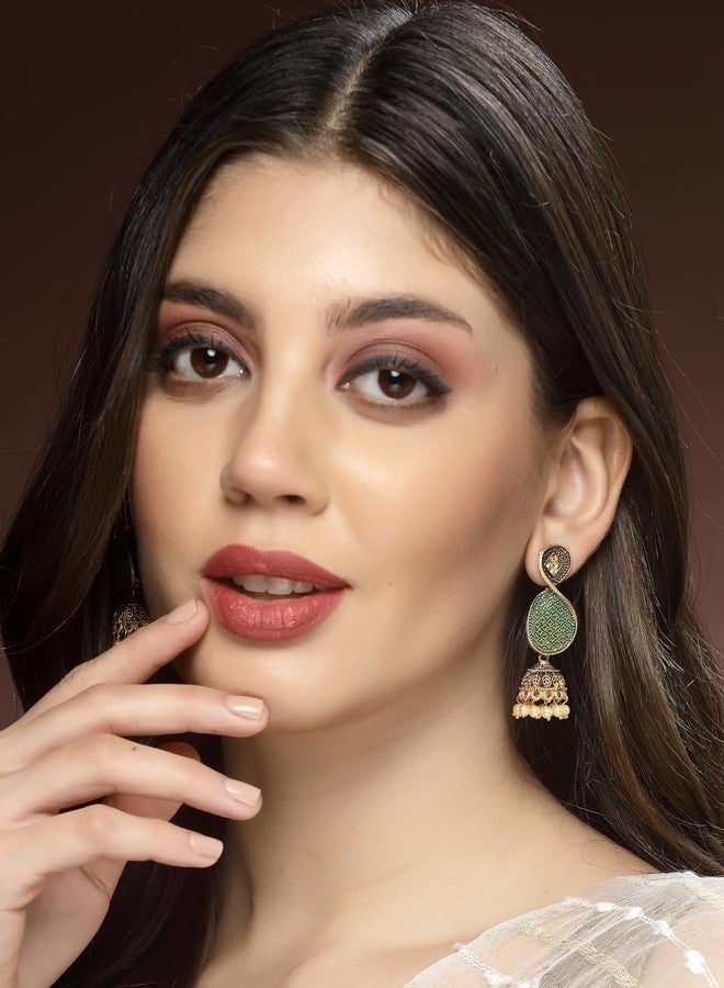 ADIVA Antique Gold-Plated Hand-Painted Pearl & Kundan Stone Studded Peacock Shaped Drop Earrings Set for women, Traditional Stylish Jhumka for Girls Party, Wedding, Festive - Image 3