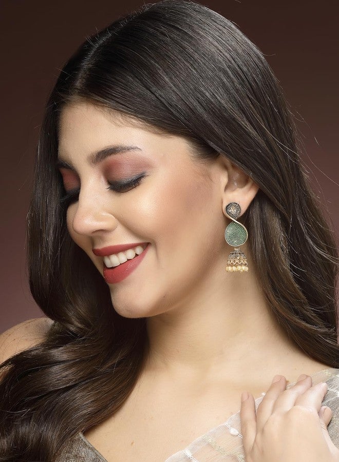 ADIVA Antique Gold-Plated Hand-Painted Pearl & Kundan Stone Studded Peacock Shaped Drop Earrings Set for women, Traditional Stylish Jhumka for Girls Party, Wedding, Festive - Image 2
