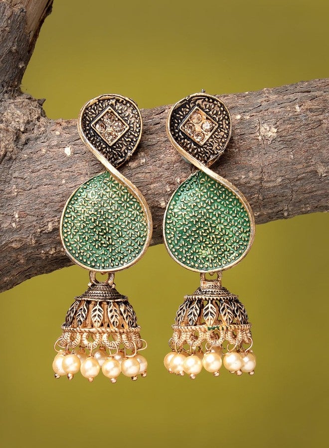 ADIVA Antique Gold-Plated Hand-Painted Pearl & Kundan Stone Studded Peacock Shaped Drop Earrings Set for women, Traditional Stylish Jhumka for Girls Party, Wedding, Festive - Image 4