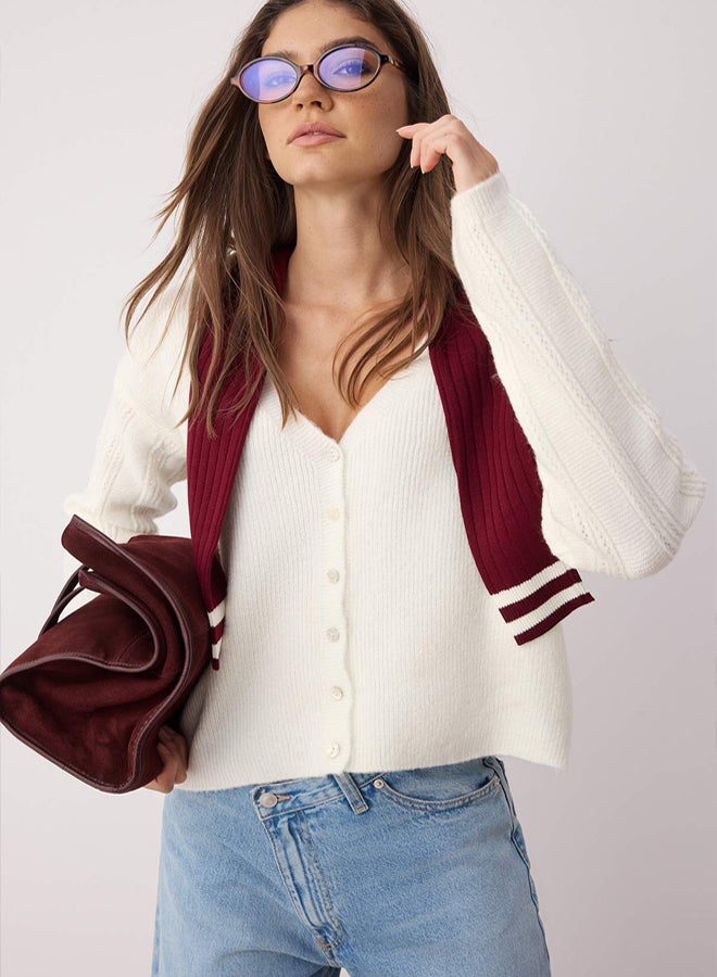 trendyol Ecru Soft Texture Sleeve Embroidery Detail Wide Pattern Knitwear Cardigan - Image 1