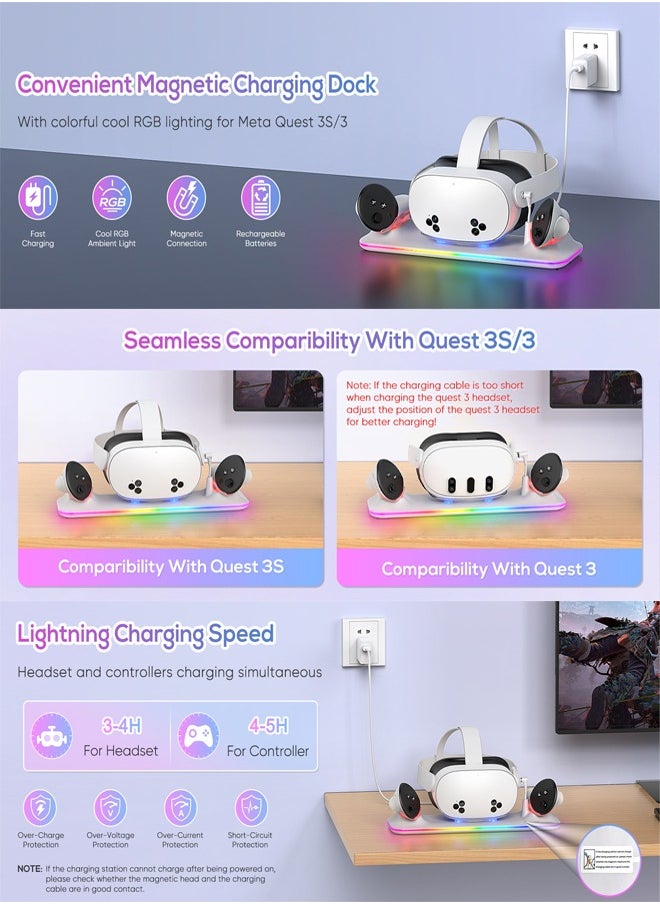 RATSAW - Charging Dock for Meta Quest 3S/3 Magnetic Charging Station for Oculus Quest 3S/3 Accessories with RGB Light Charging Stand for VR Headset and Controller with 2 Rechargeable Batteries - Image 1