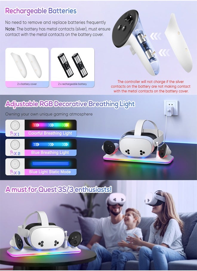 RATSAW - Charging Dock for Meta Quest 3S/3 Magnetic Charging Station for Oculus Quest 3S/3 Accessories with RGB Light Charging Stand for VR Headset and Controller with 2 Rechargeable Batteries - Image 1