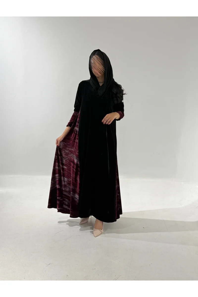 Tori-abaya Black velvet abaya with maroon printed velvet inserts