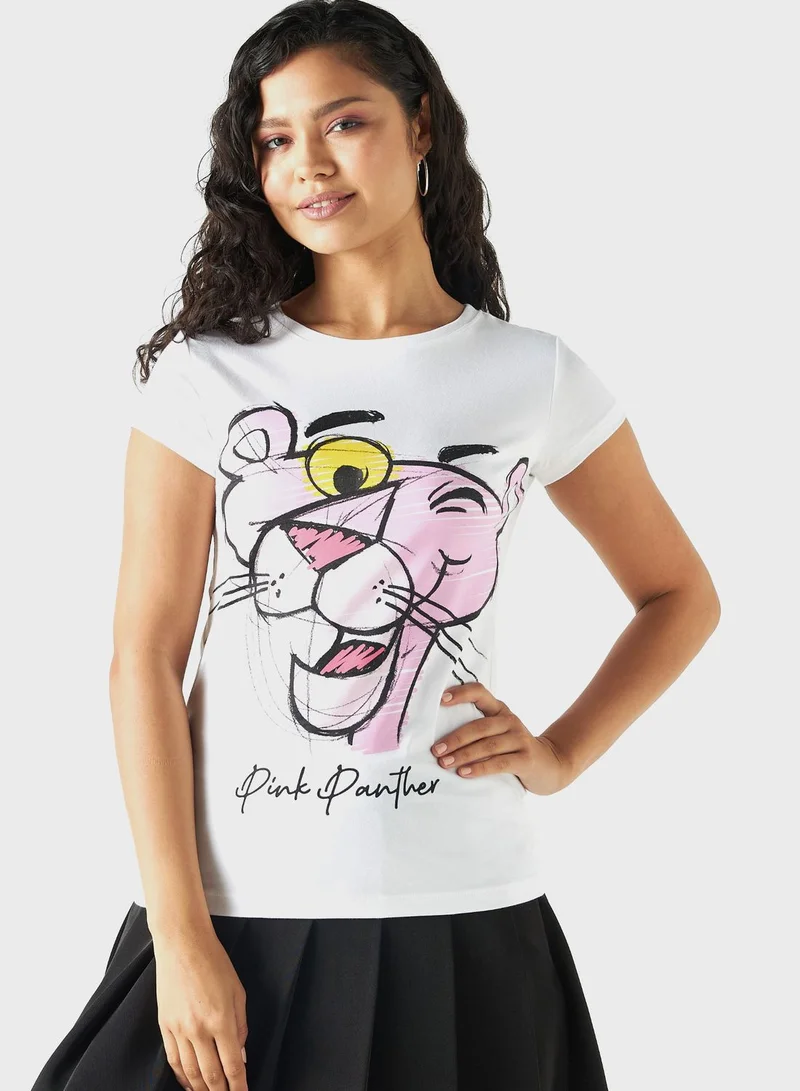 اس بي كاركترز Pink Panther Print T-Shirt