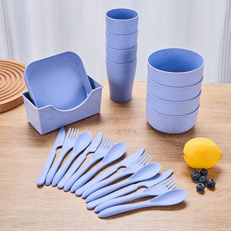 OriGlam 25pcs Dinnerware Set  Plates Bowls Mugs Dishes Cutlery for Picnic Party Camping  Microwave Safe Plastic Blue - Image 1