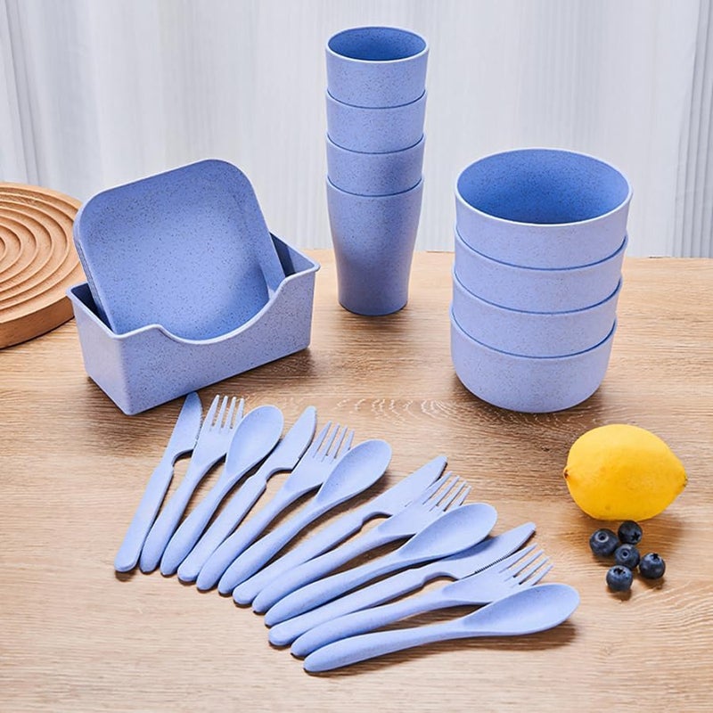 OriGlam 25pcs Dinnerware Set  Plates Bowls Mugs Dishes Cutlery for Picnic Party Camping  Microwave Safe Plastic Blue - Image 2