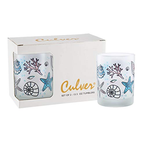 Culver Coastal Decorated Frosted Double Old Fashioned Tumbler Glasses, 13.5-Ounce, Gift Boxed Set of 2 (Seashells) - Image 3