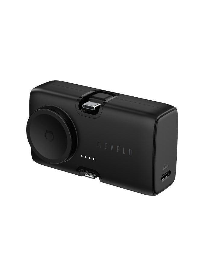 ليفيلو باور بانك محمول من ليفيلو نوفا ميني، سعة 5000 مللي أمبير/ساعة، 20 واط بتقنية PD، موصلات دوارة من النوع C وLightning، شاحن لاسلكي لساعة أبل، حامل مدمج، مؤشر بطارية LED - أسود - Image 1