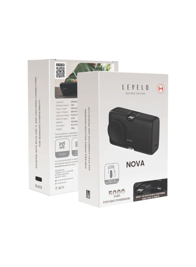 ليفيلو باور بانك محمول من ليفيلو نوفا ميني، سعة 5000 مللي أمبير/ساعة، 20 واط بتقنية PD، موصلات دوارة من النوع C وLightning، شاحن لاسلكي لساعة أبل، حامل مدمج، مؤشر بطارية LED - أسود - Image 3
